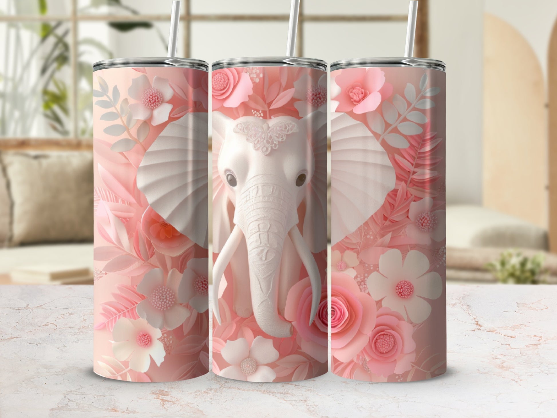 Pink floral pattern tumbler with a detailed elephant head centered.