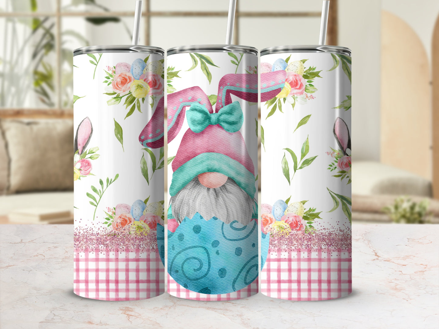 Gnome wearing bunny ears and holding Easter eggs, pink gingham bottom.