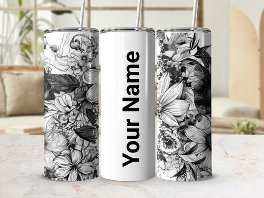 Personalized Black and White Floral Design Tumbler