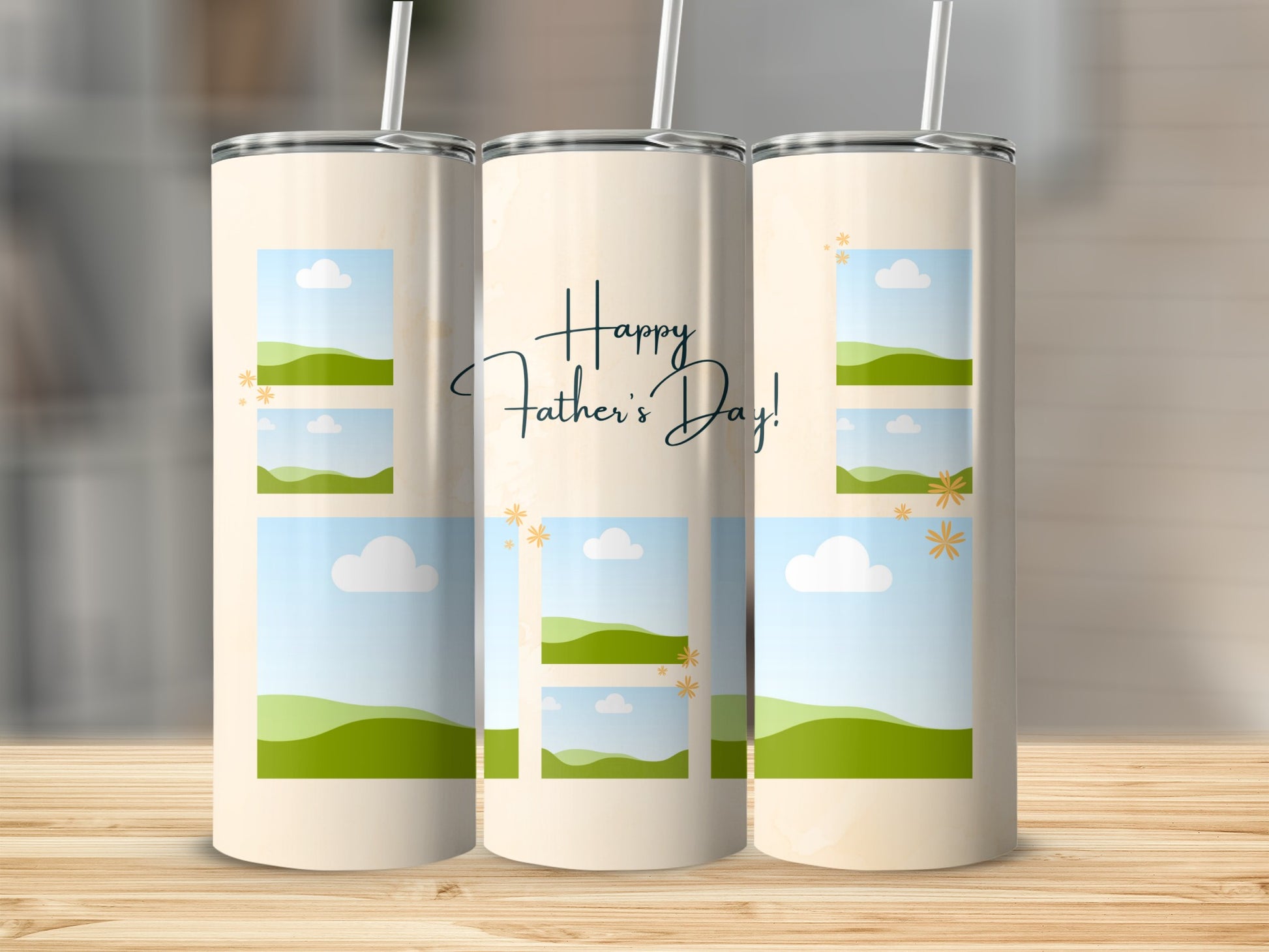 Three tumblers with a "Happy Father's Day!" message and scenic landscape photo frames.