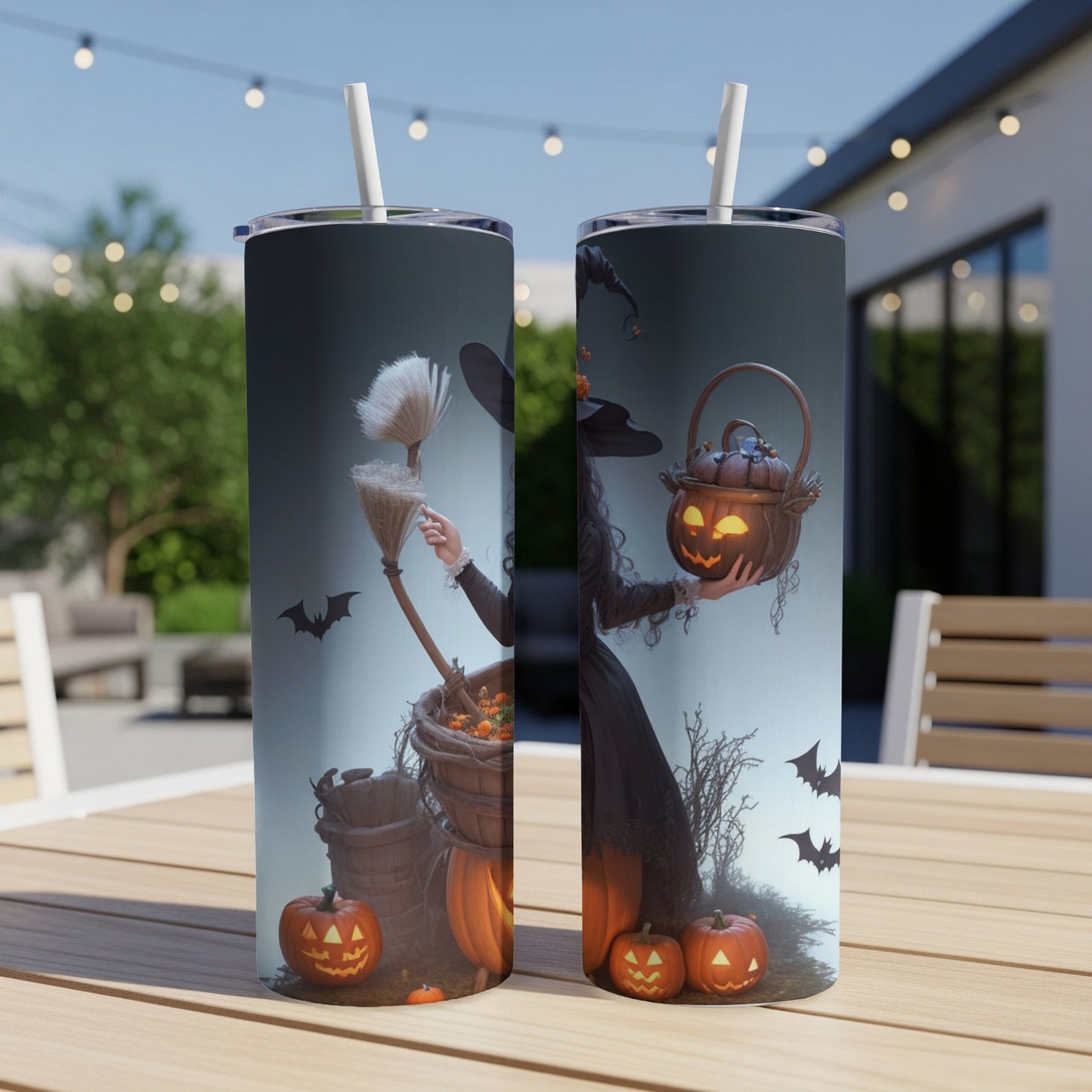 Two tumblers feature a Halloween design with a witch holding a jack-o'-lantern and a broom.