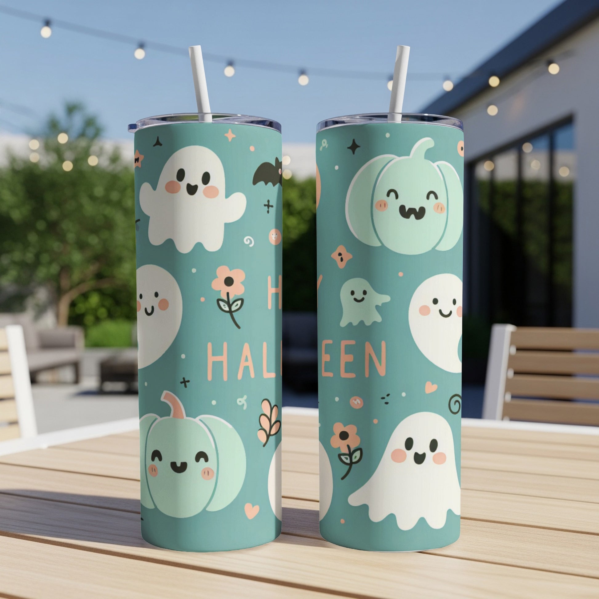 Two tumblers with a teal background and cute Halloween ghost and pumpkin designs.