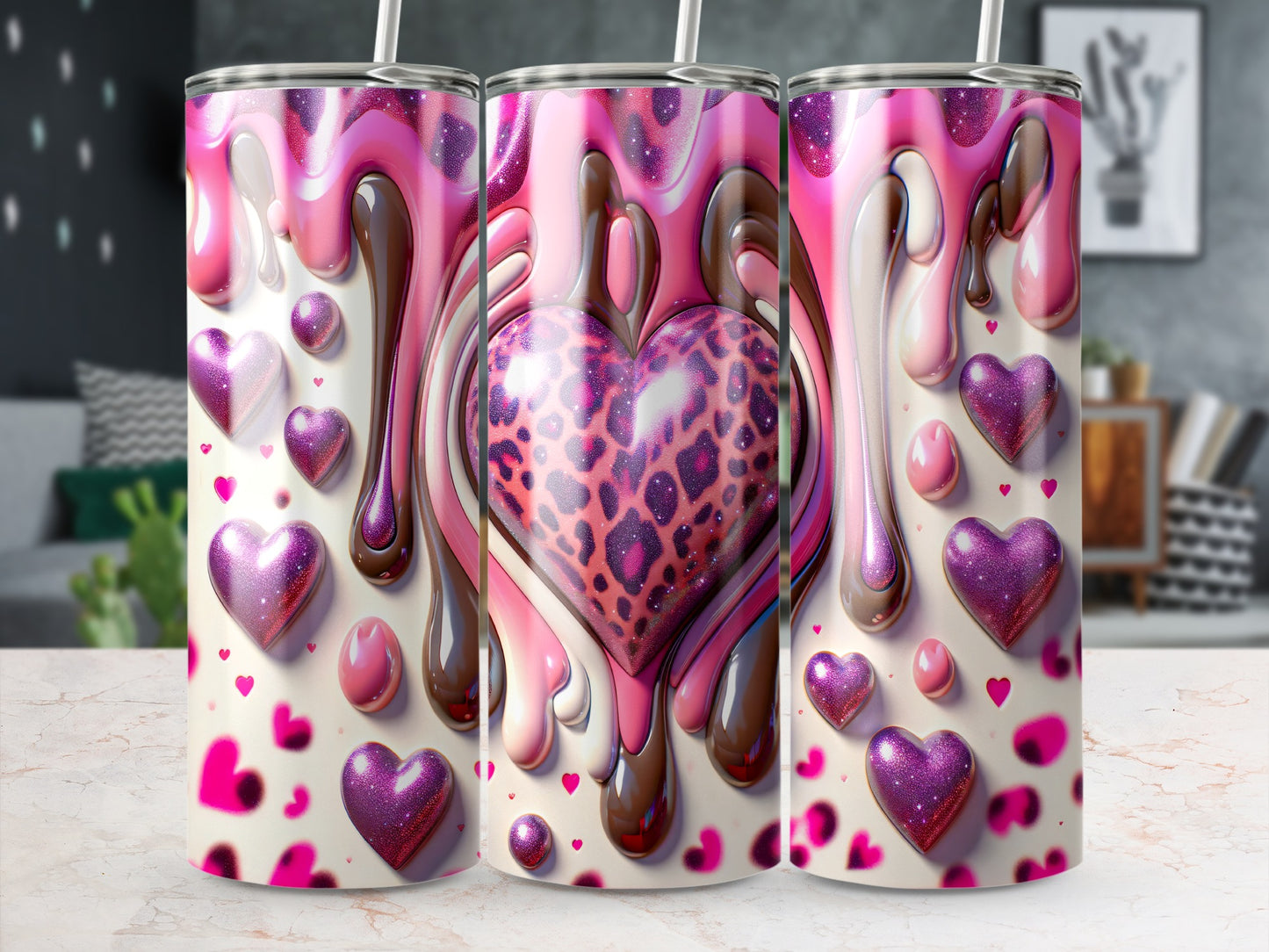 Valentine's Day! Leopard Heart with Flowing Chocolate Pink Icing Tumblers