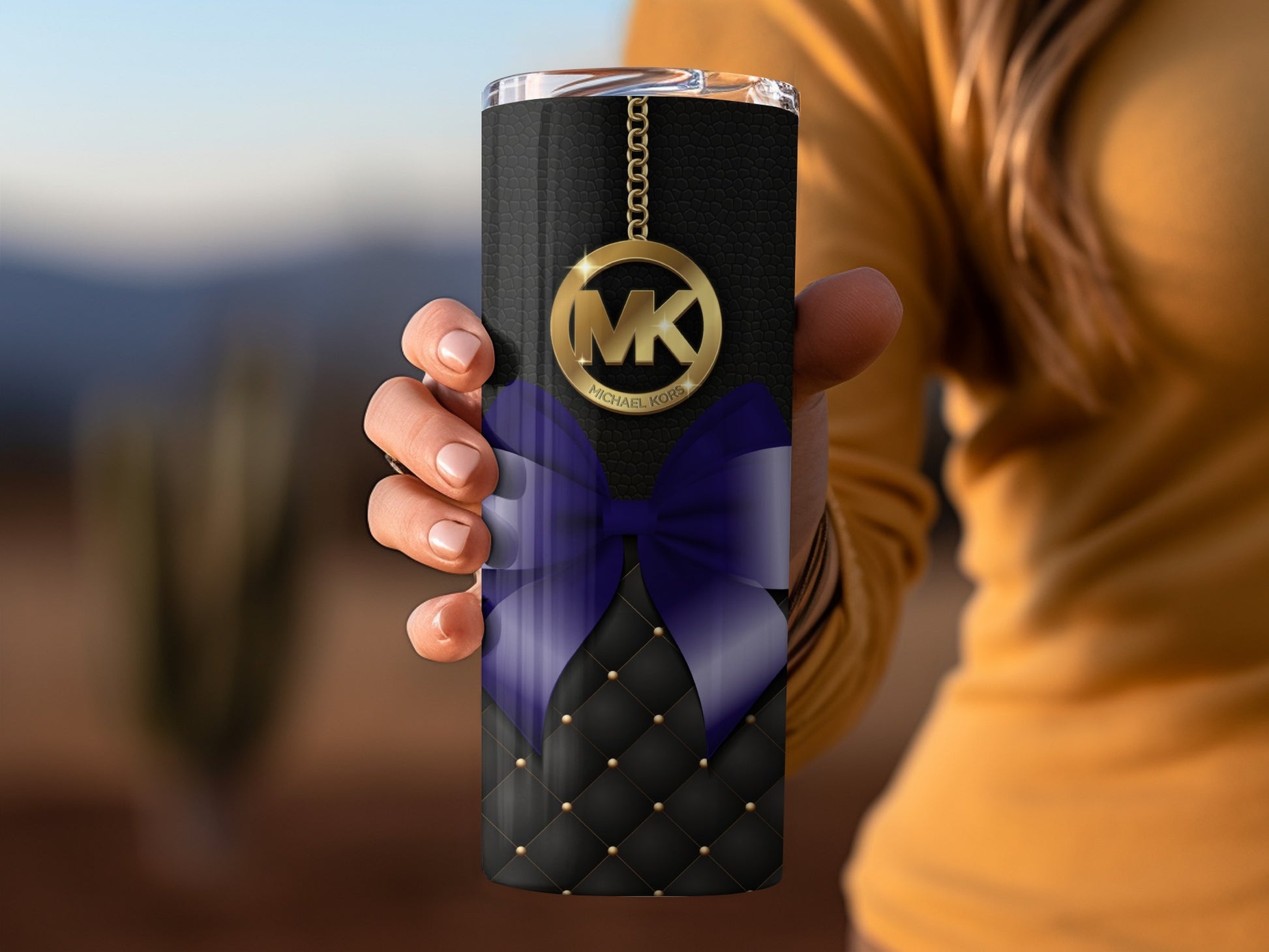 Elegant Black and Purple Quilted Tumbler with Gold Charm