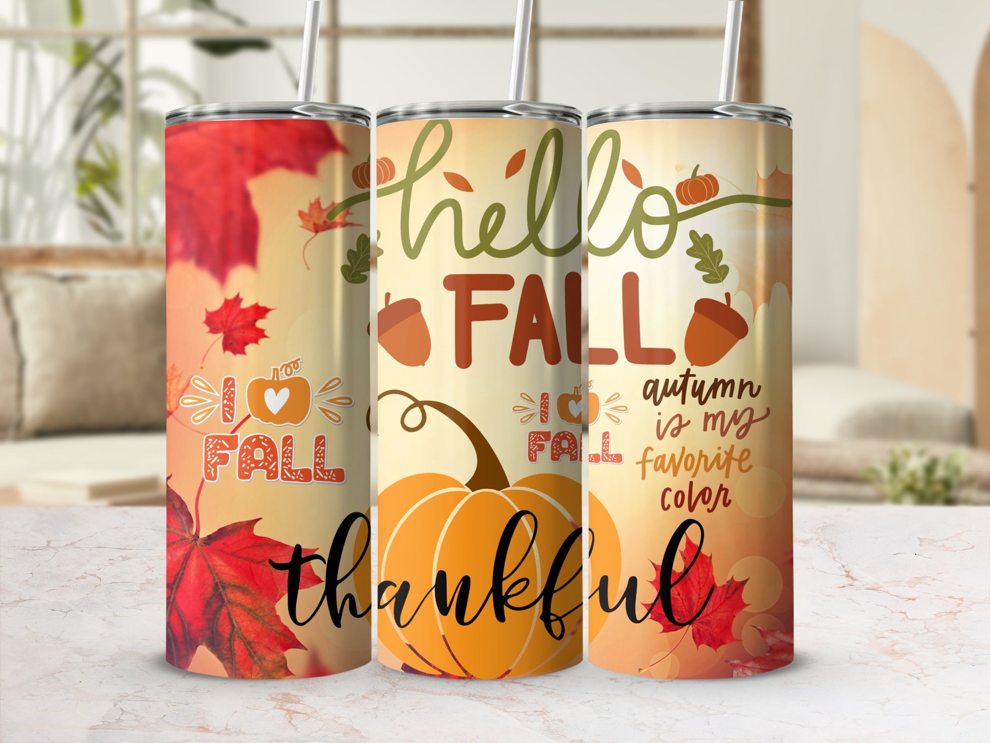 Hello Fall I Love Fall Autumn 20oz Drink Tumbler