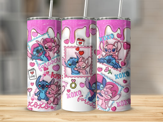 Cute Cartoon Characters Tumbler With Pink Glitter Design