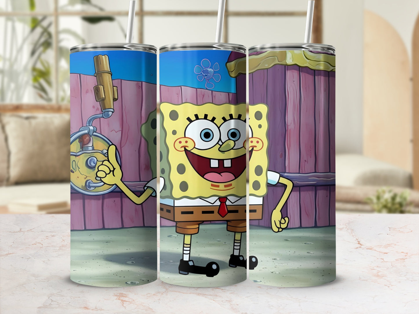 SpongeBob SquarePants character on a tumbler with straw.