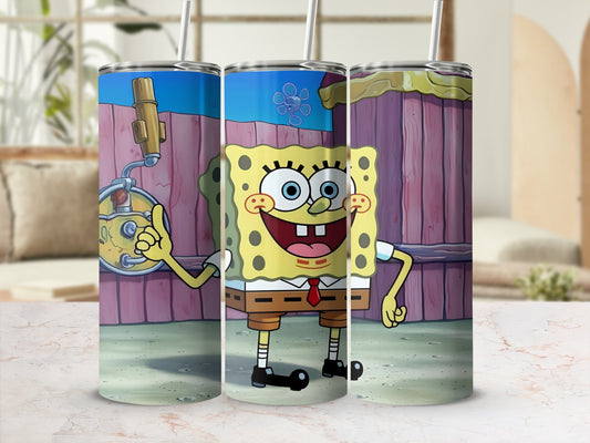 SpongeBob SquarePants character on a tumbler with straw.