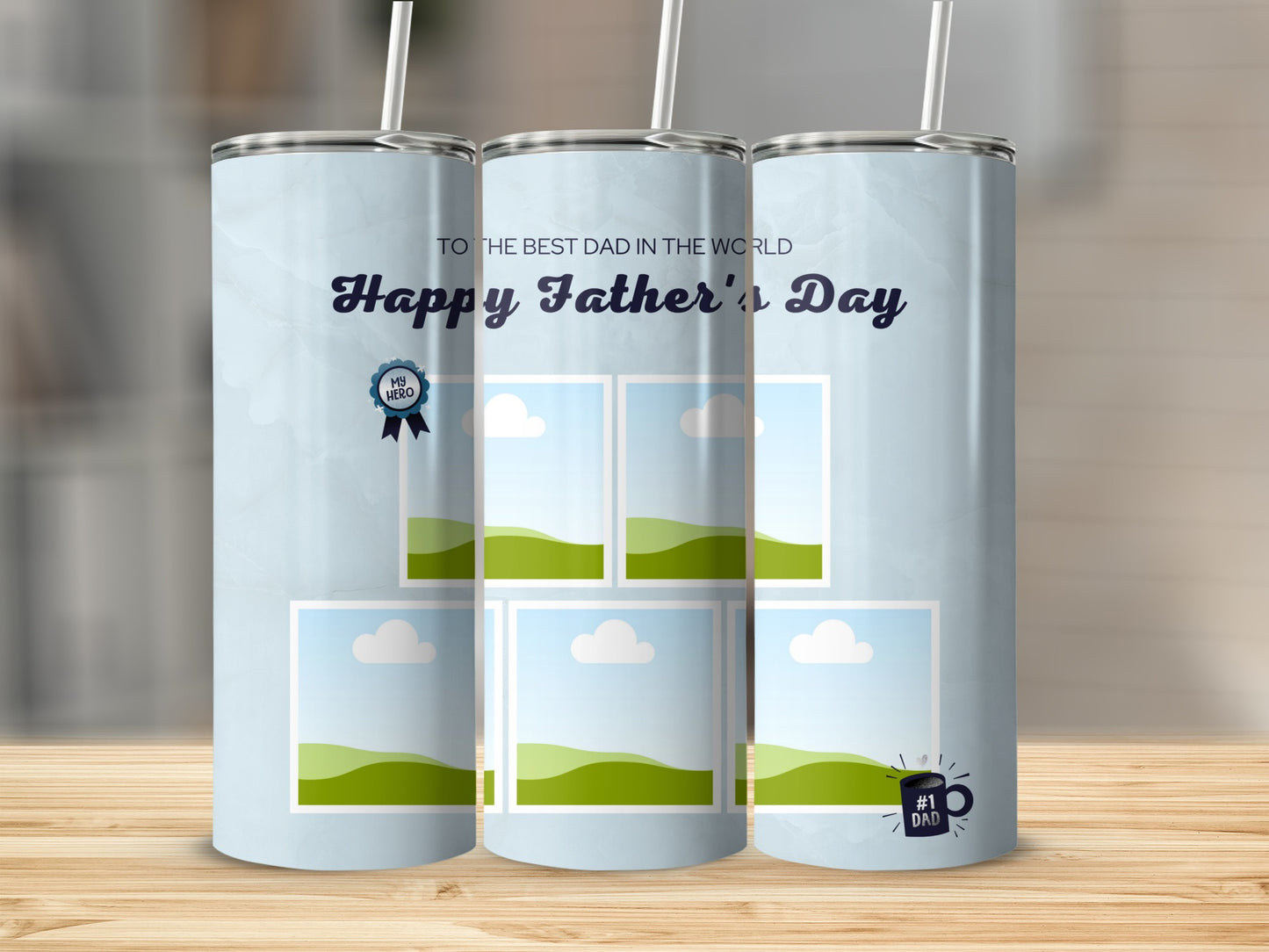 Father's Day tumbler with photo placeholders and "My Hero" and "#1 Dad" accents.