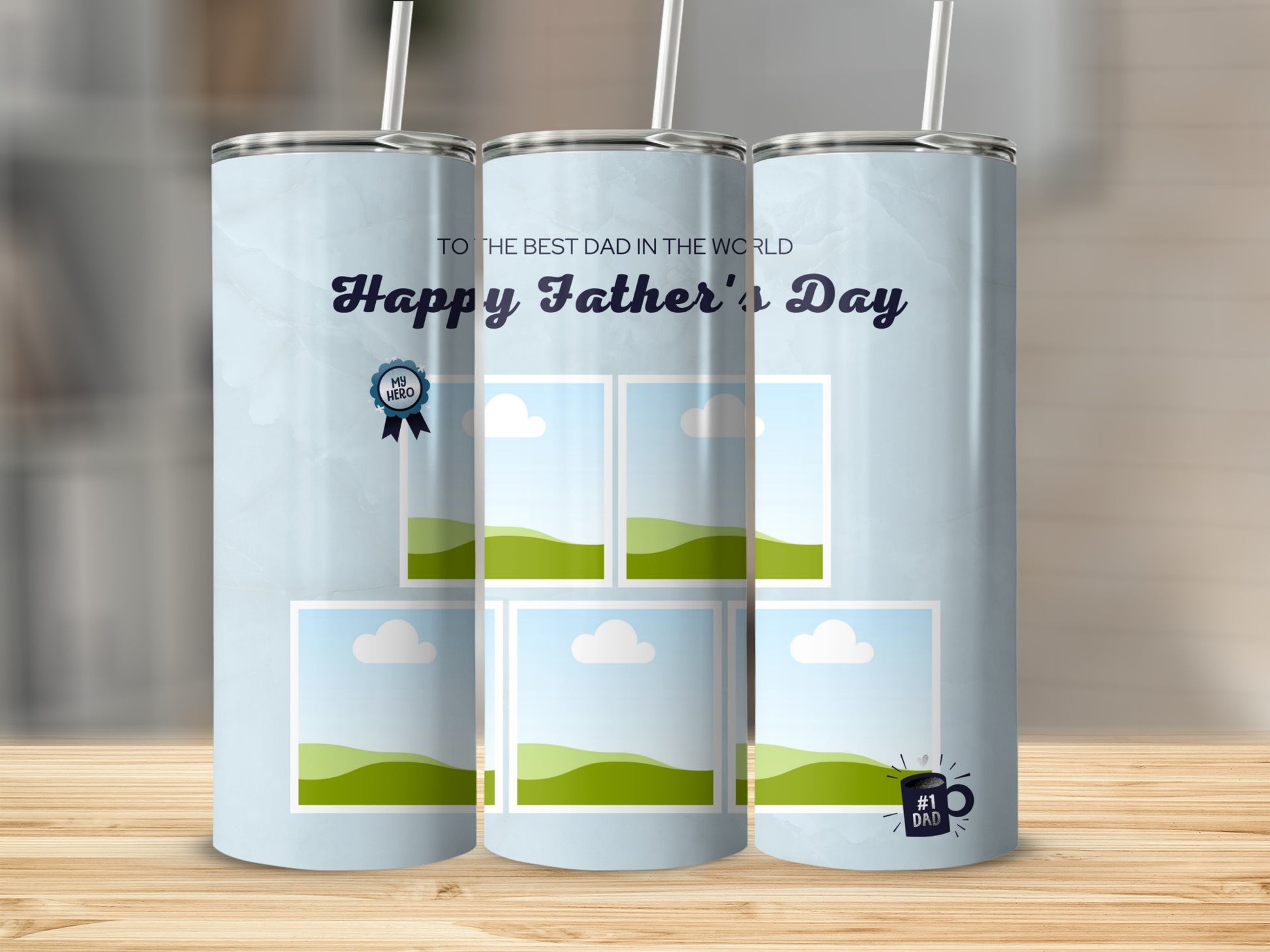 Father's Day tumbler with photo placeholders and "My Hero" and "#1 Dad" accents.