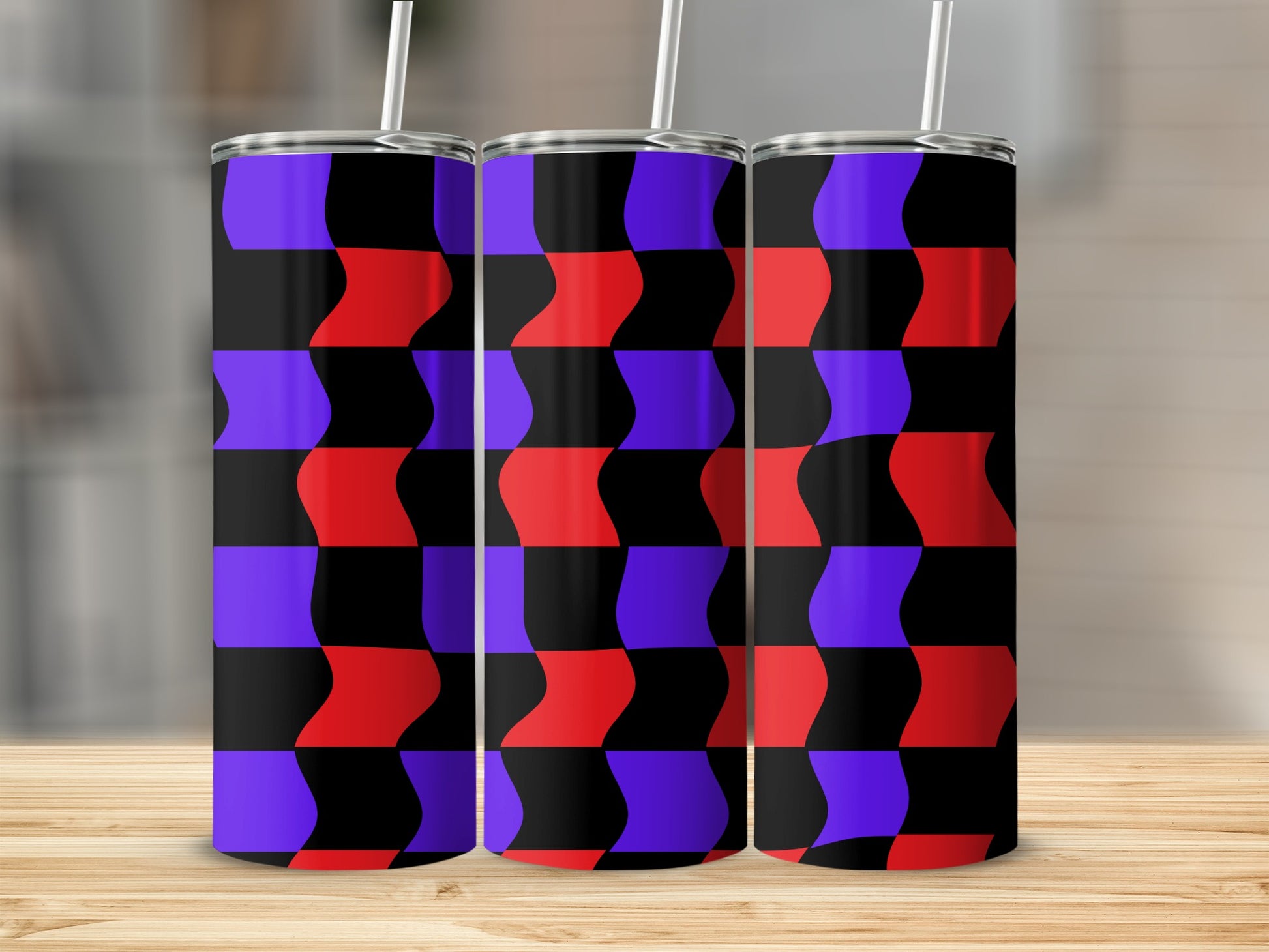 Three tumblers with a purple, red, and black wavy checkered pattern.