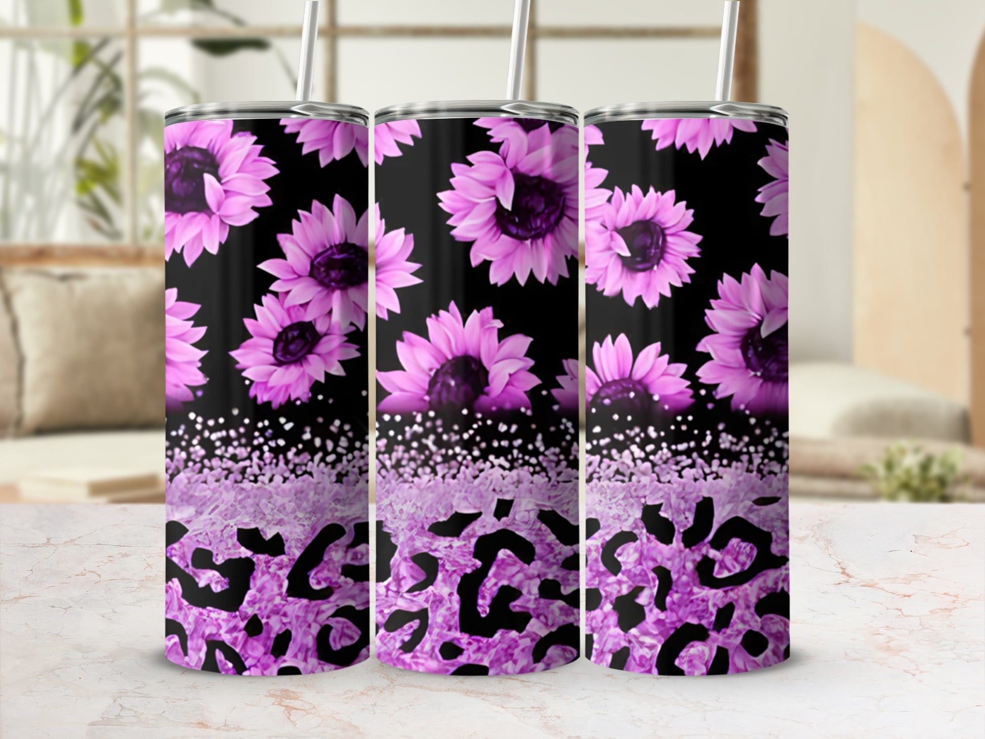 Purple sunflowers and black leopard print on a tumbler.