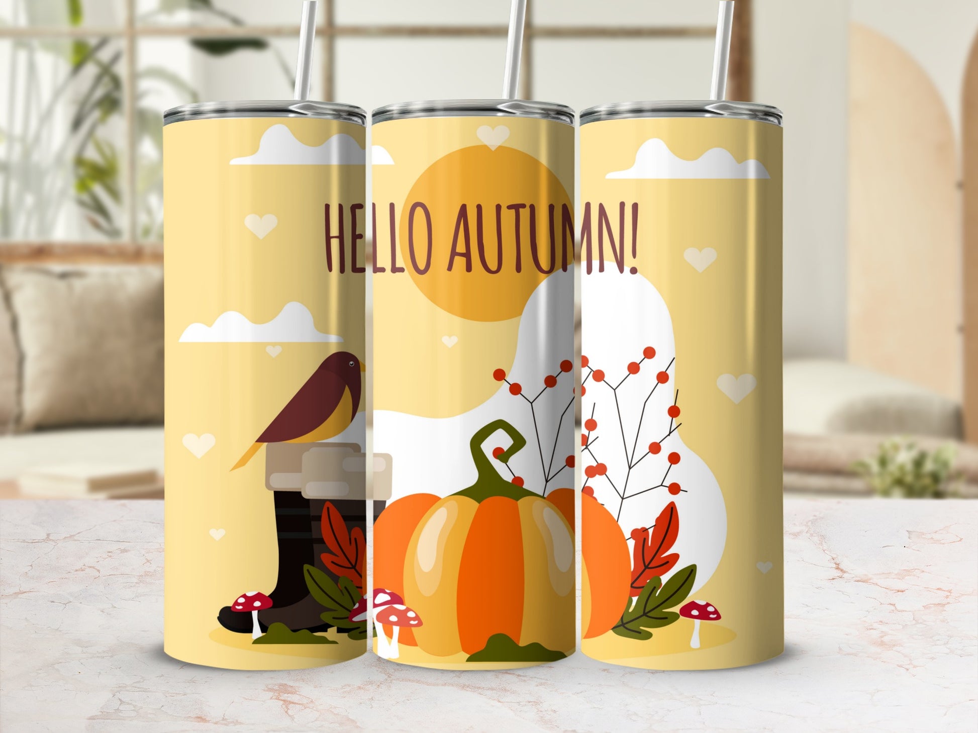 Hello Autumn Pumpkin and Bird Design Tumbler Product