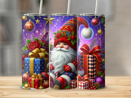Santa Claus with gifts, stars, and fireworks on a Christmas tumbler.