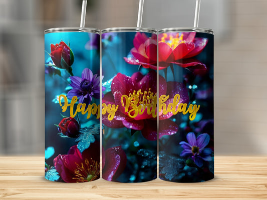 Happy Birthday tumbler with vibrant red and purple flowers.