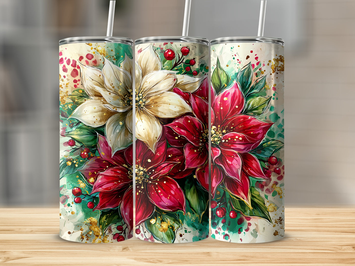 Festive Floral Holiday Tumbler with Straw product