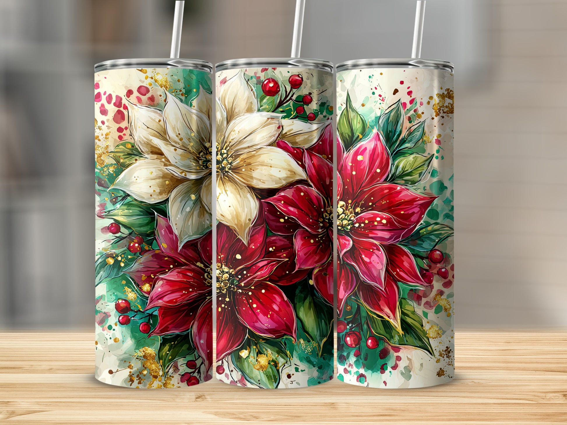 Festive Floral Holiday Tumbler with Straw product