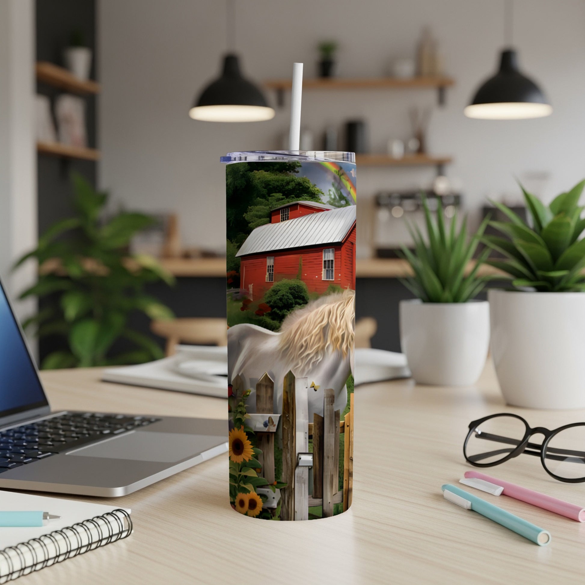 White horse and barn with rainbow, on a tumbler.