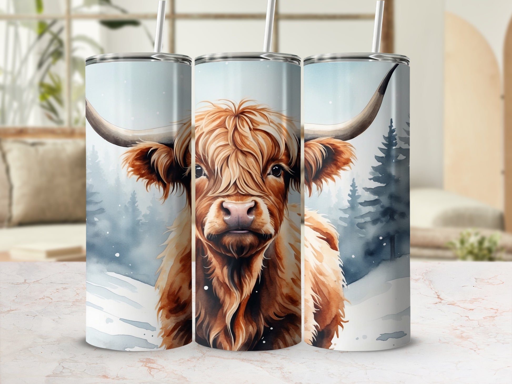 Highland cow with long horns in a snowy forest scene.