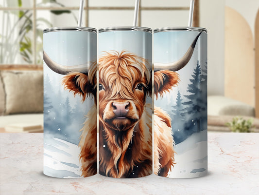 Highland cow with long horns in a snowy forest scene.