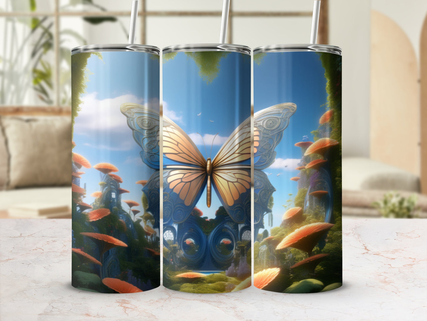 Fantasy scene with large butterfly over glowing mushrooms and fantastical architecture.