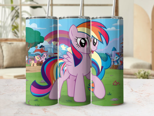 My Little Pony Rainbow Dash on a colorful background with a cartoon landscape.