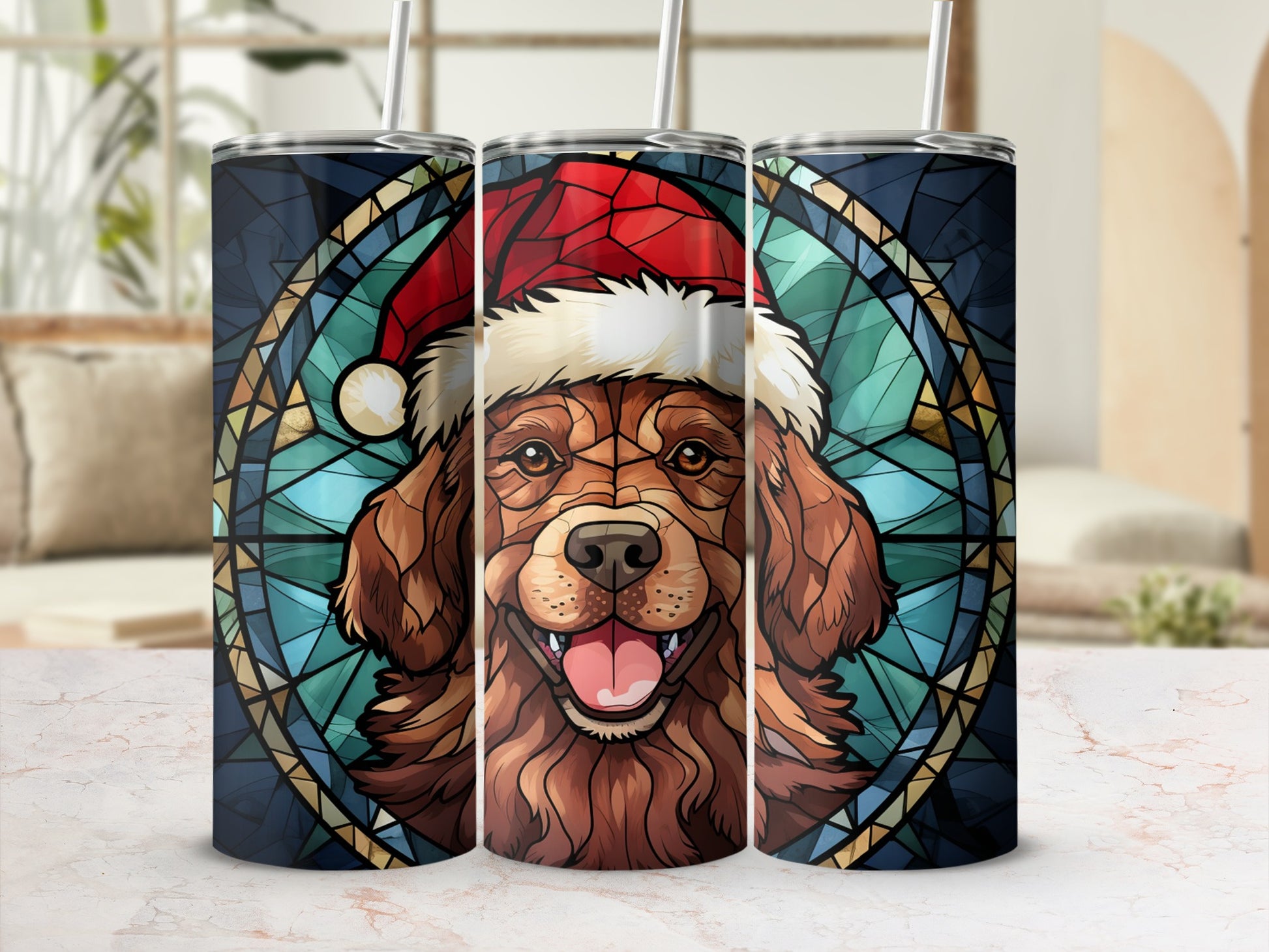 Stained glass tumbler with happy dog wearing Santa hat.