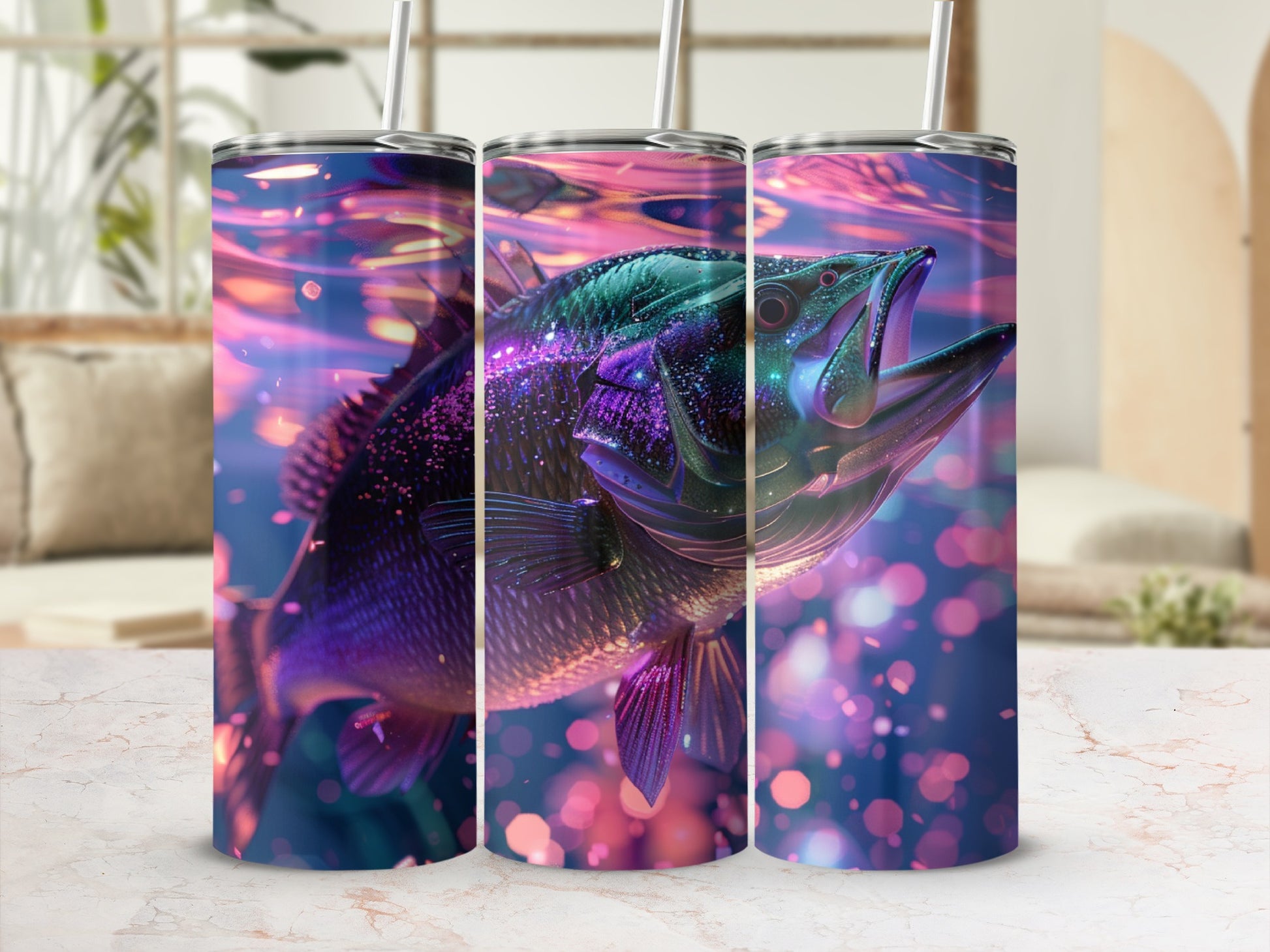 Three tumblers featuring a shimmering fish underwater with bokeh lights.