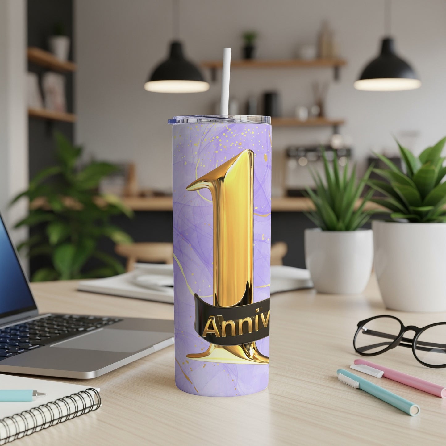 Gold number 1 with "Anniv" text on a purple marble tumbler.