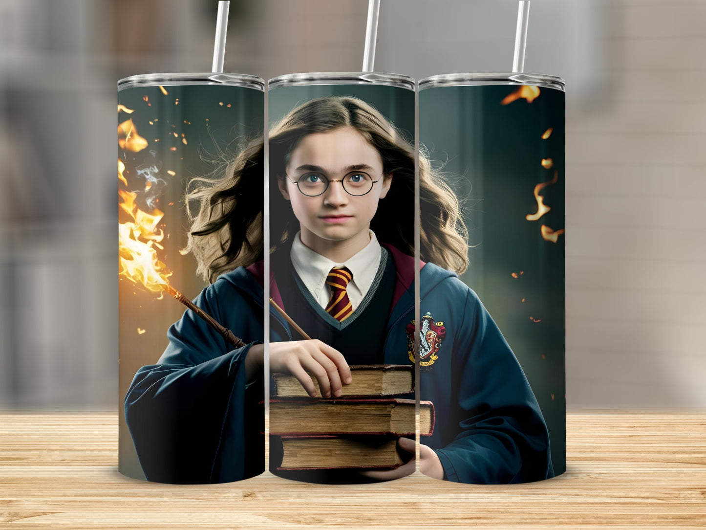 Harry Potter holding books with Hogwarts emblem and wand.