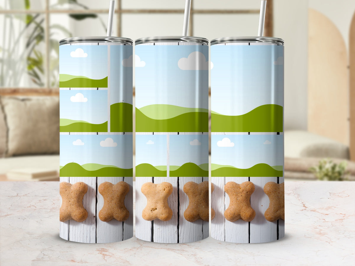 Three tumblers with a dog bone pattern and landscape scene.
