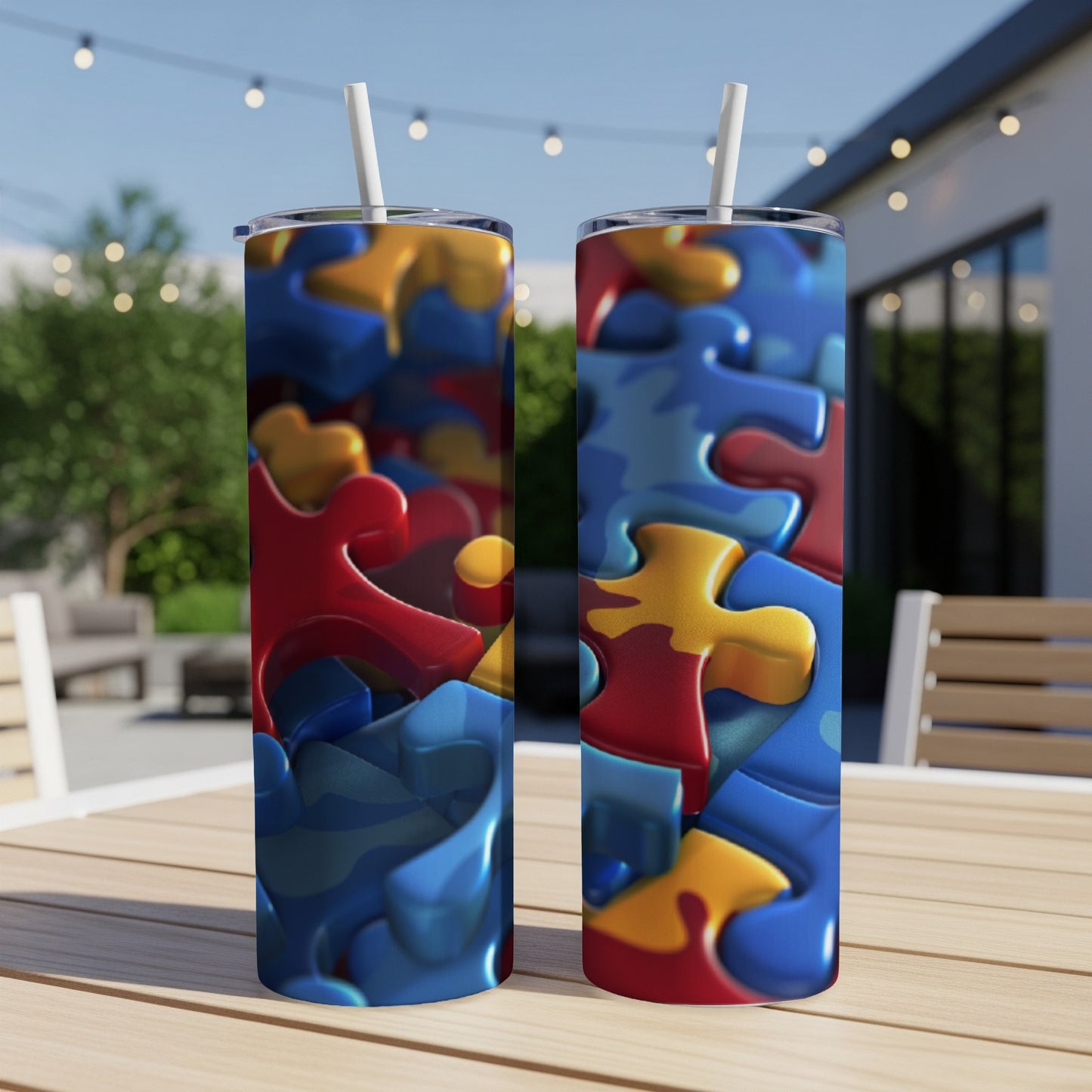Two tall tumblers with colorful puzzle piece designs sit on a wooden table.