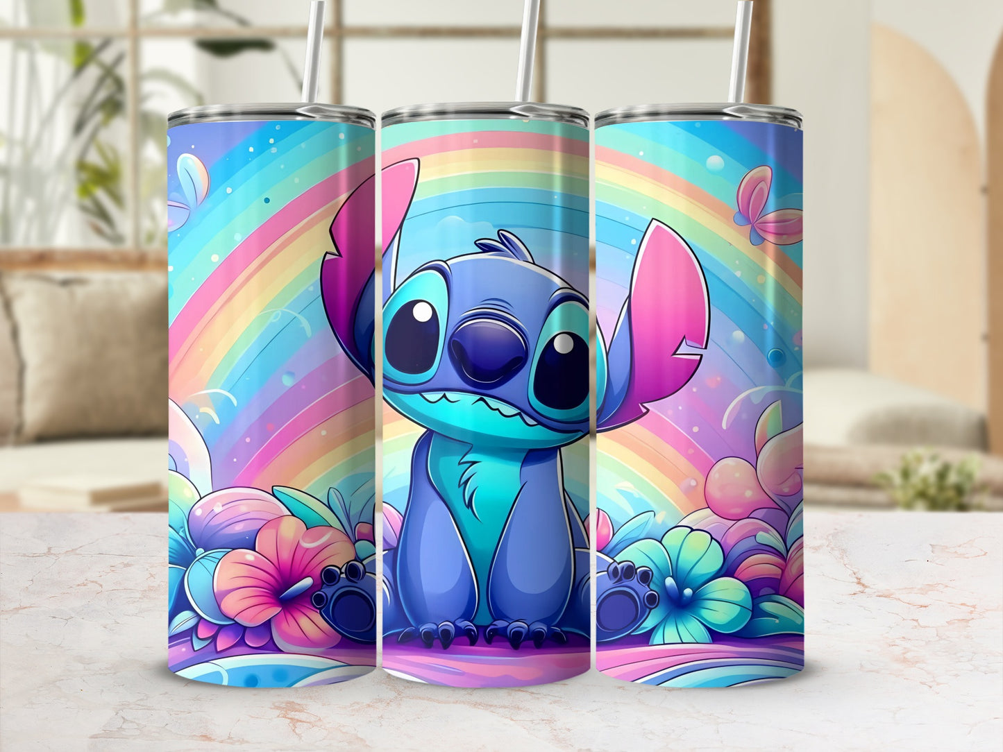 Colorful Character Rainbow Tumbler with Flowers