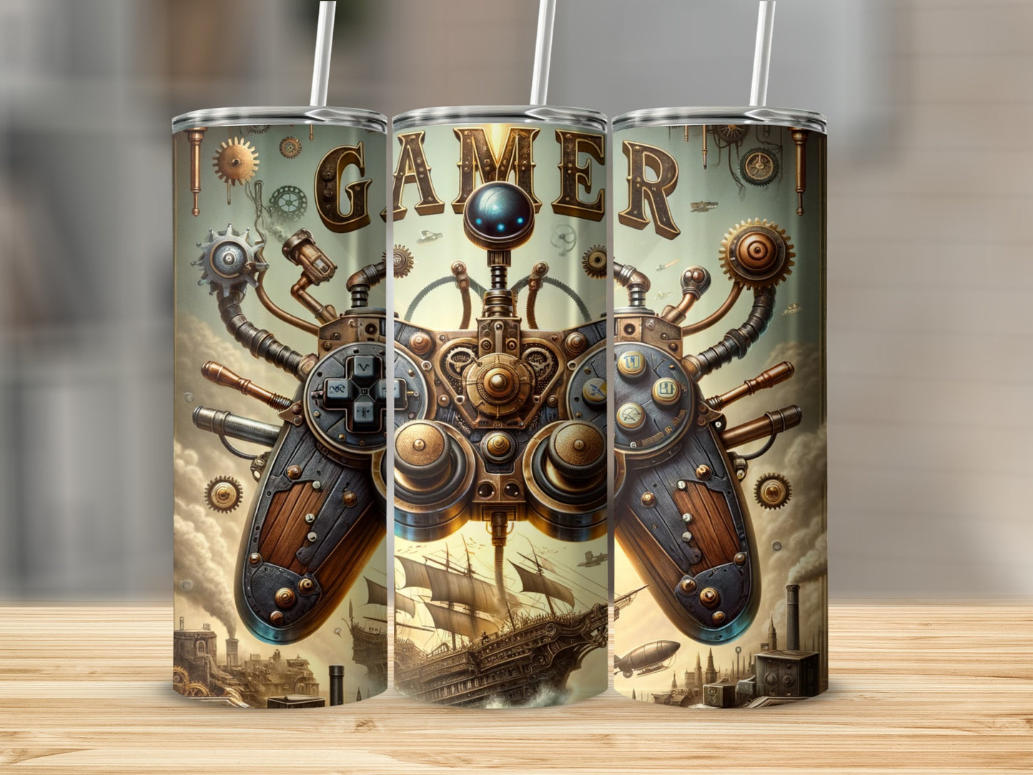 Steampunk video game controller with gears, pipes, and ship background.
