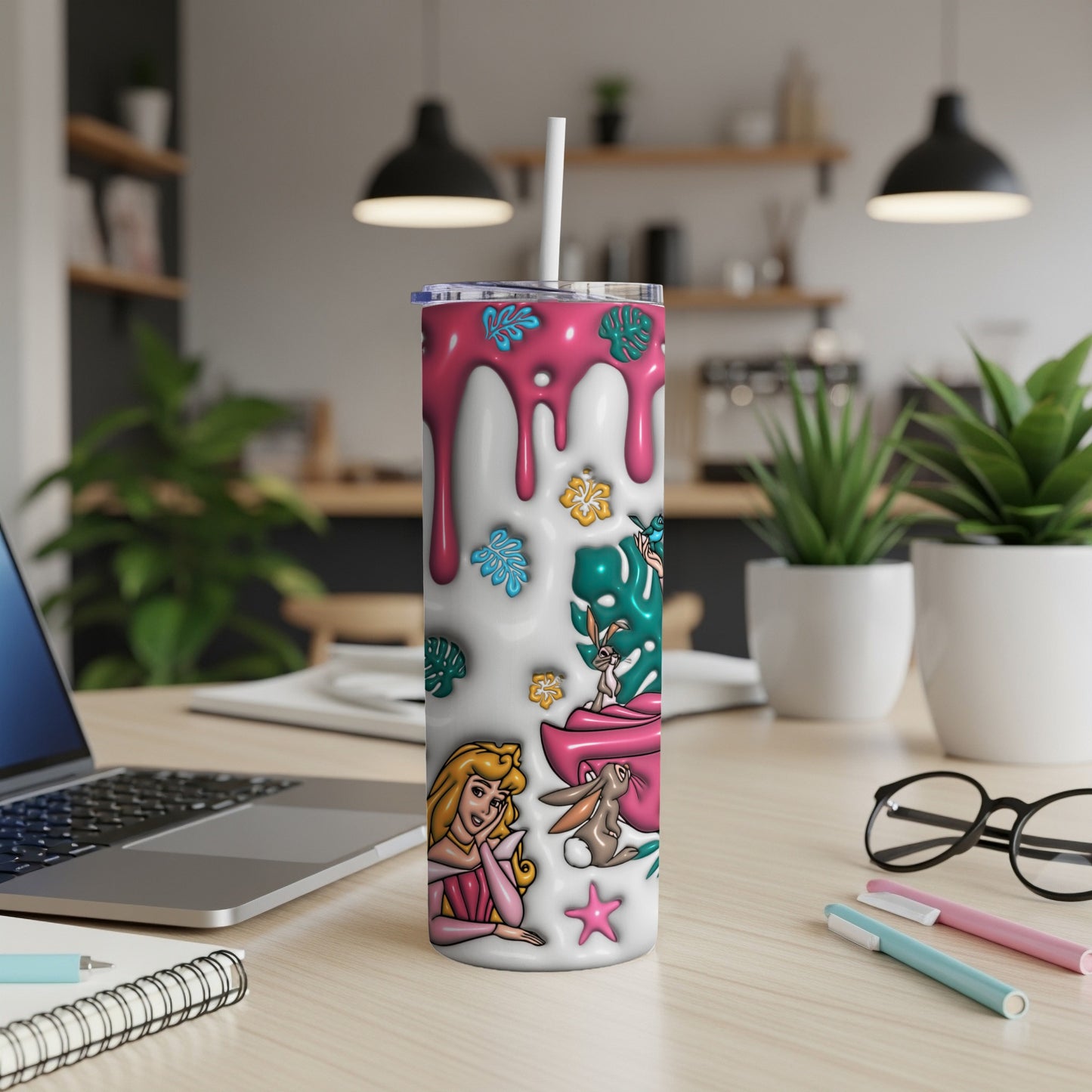 Princess Aurora on a white tumbler with pink drips and jungle foliage.