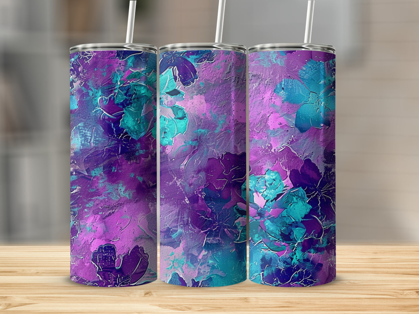 Vibrant Floral Purple Blue Abstract Art Tumblers