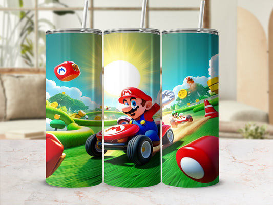 Mario Kart racing scene with Mario driving a red kart on a sunny track.