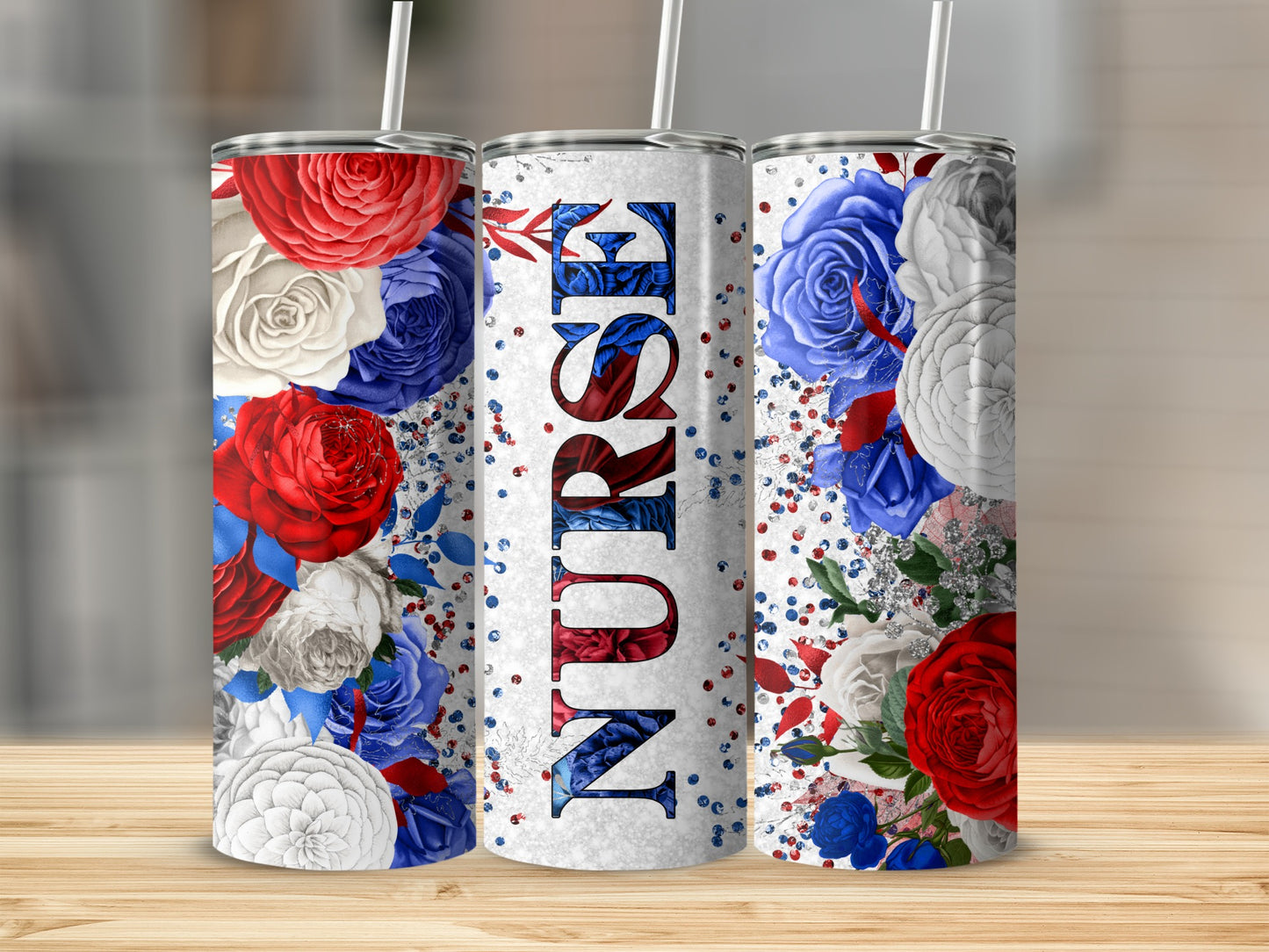 Nurse tumbler with red, white, and blue flowers and glitter.