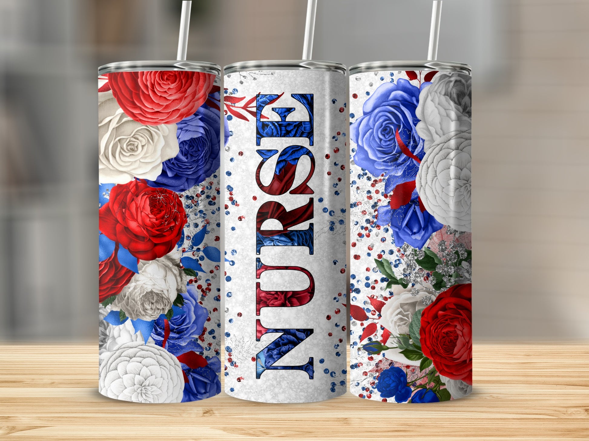 Nurse tumbler with red, white, and blue flowers and glitter.