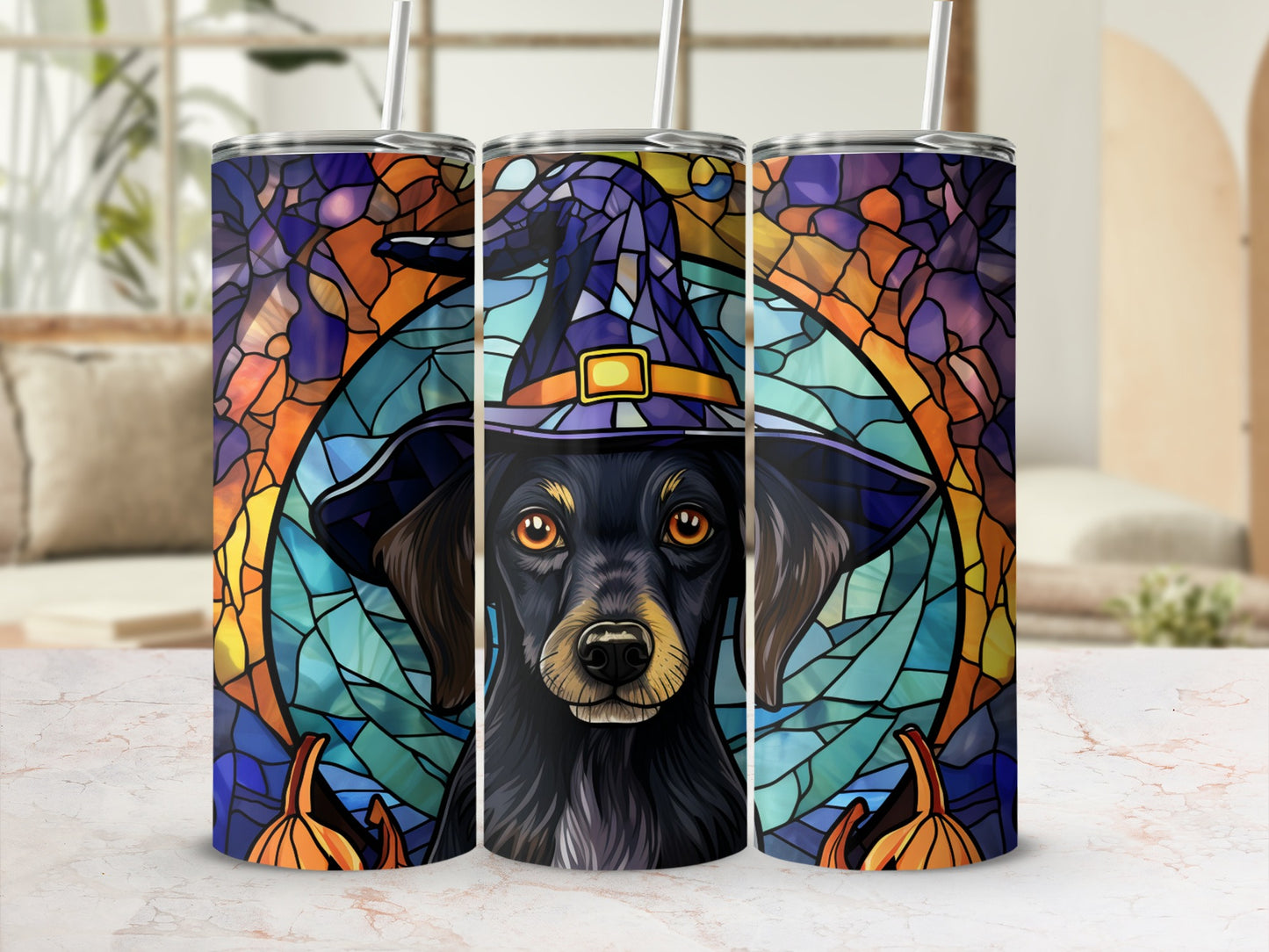 Dachshund wearing witch hat with pumpkins, stained glass background.