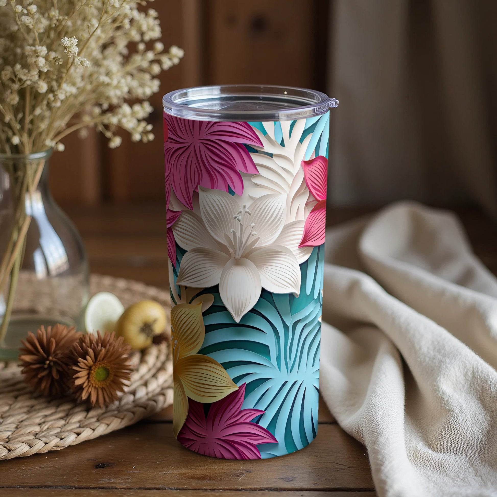 Vibrant Floral Design Tumbler With Tropical Leaves