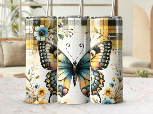 Tumbler with yellow plaid and colorful butterfly design.