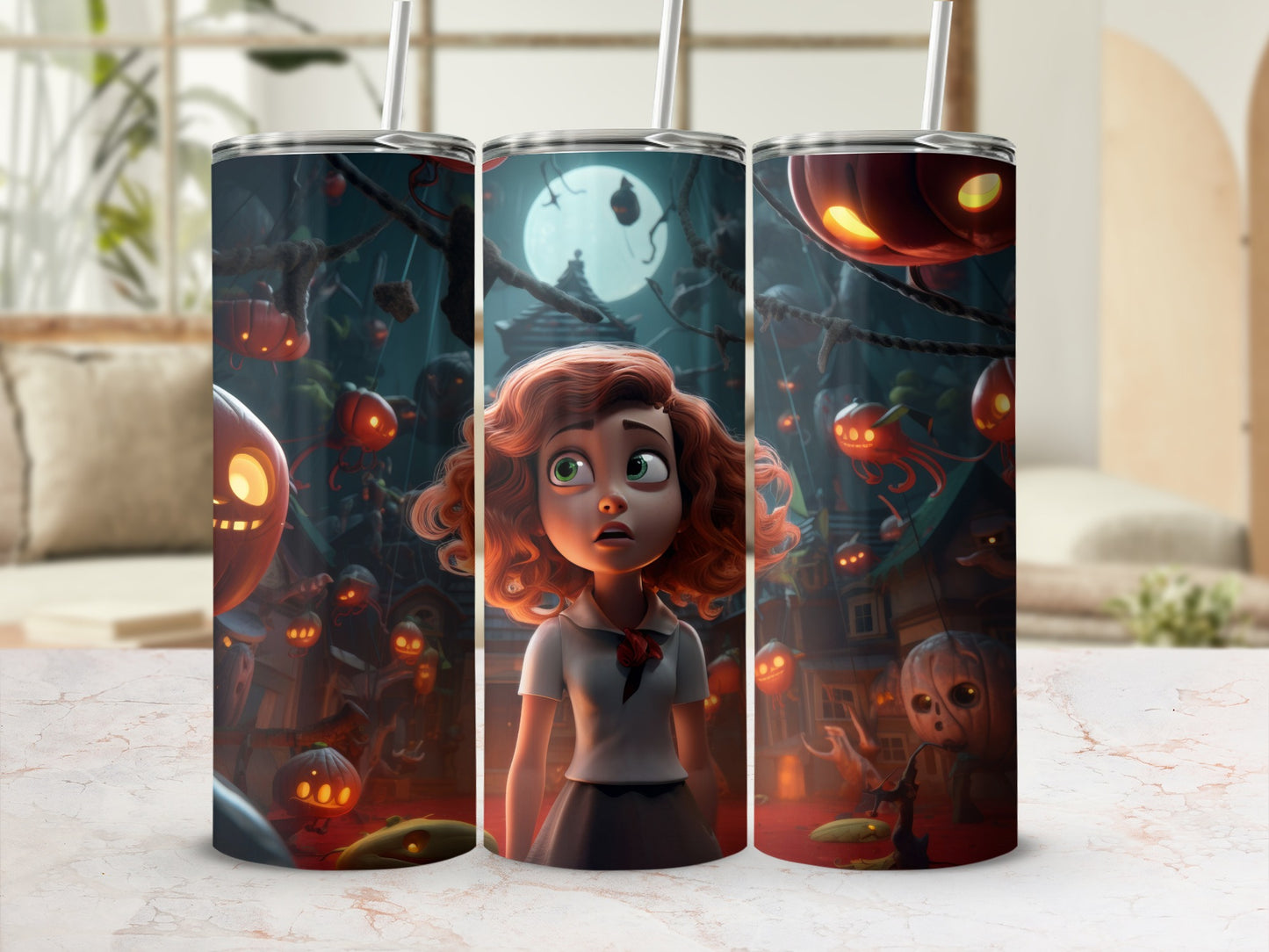 Animated girl and Jack-o'-lanterns on a Halloween-themed tumbler.