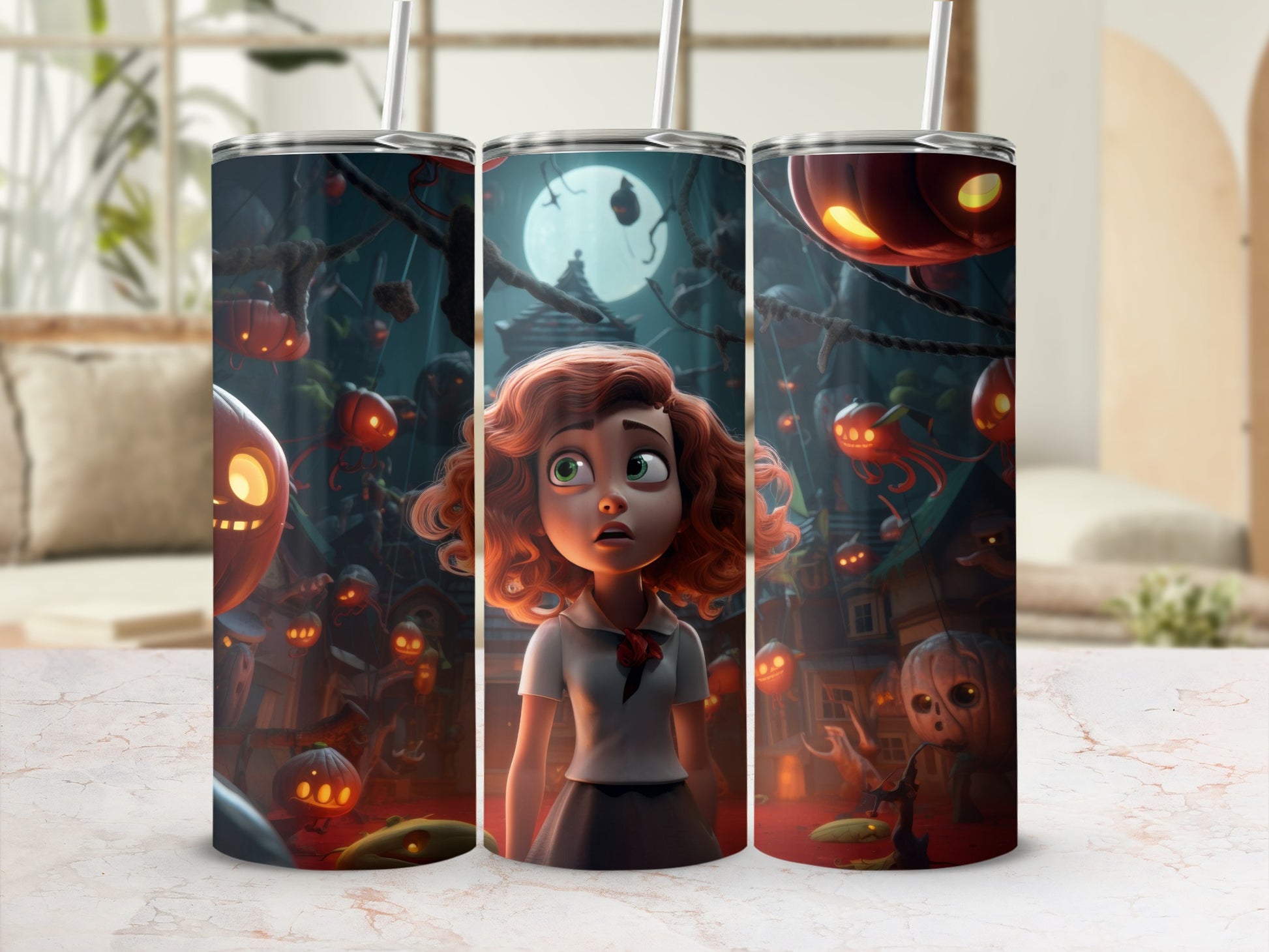 Animated girl and Jack-o'-lanterns on a Halloween-themed tumbler.