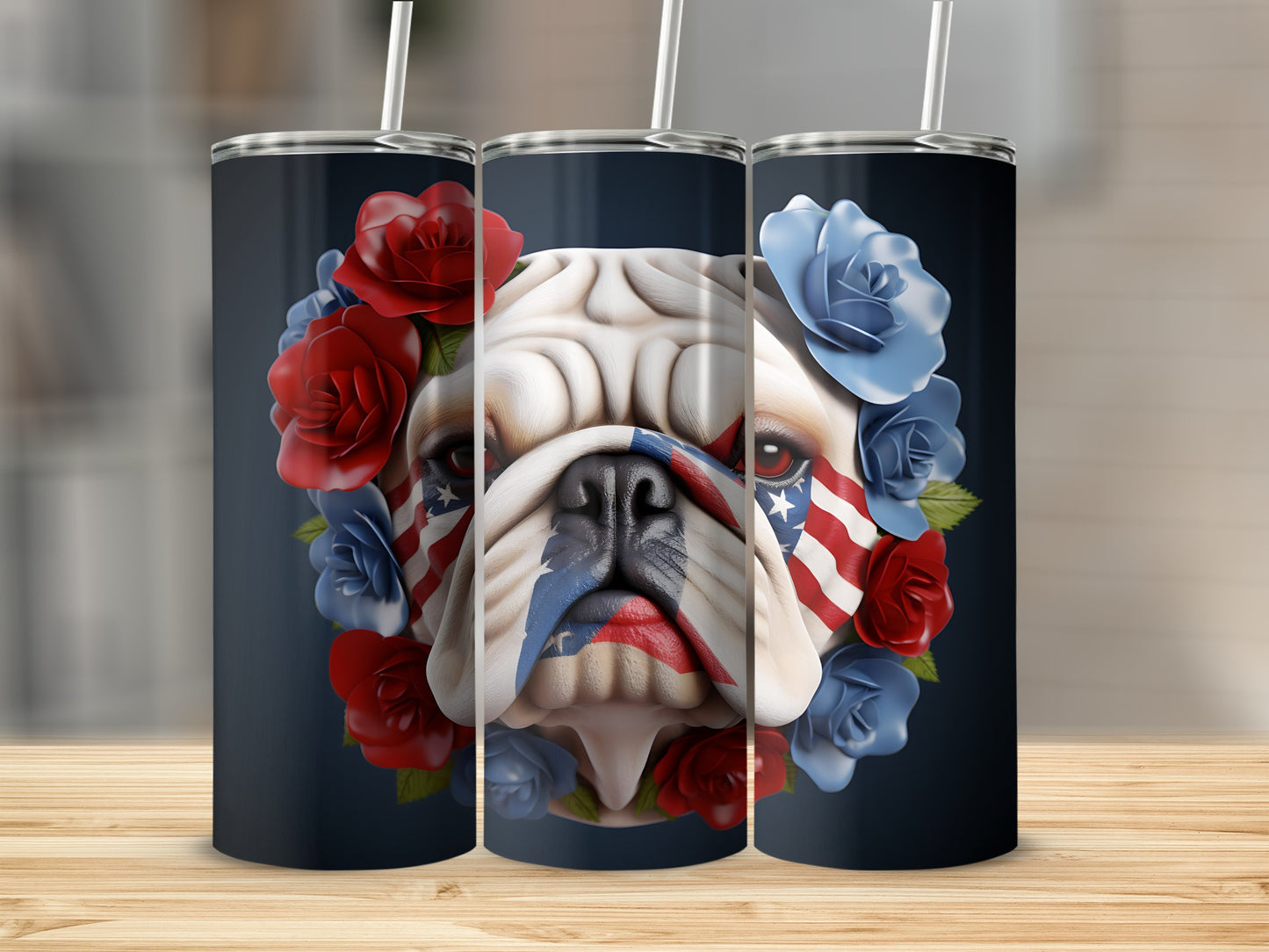 Bulldog with American flag face paint surrounded by red and blue roses.