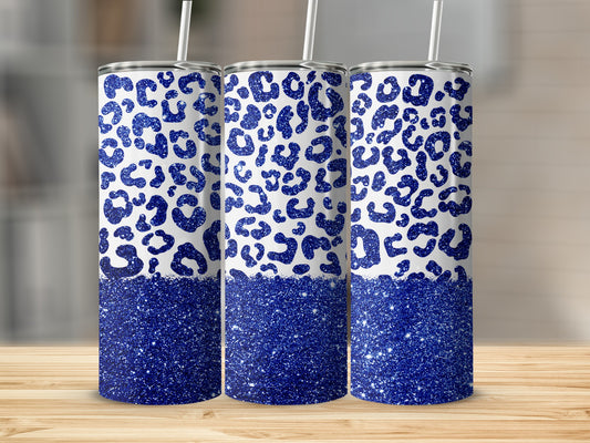 Three tumblers with blue leopard print and glitter bottoms.
