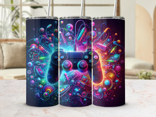 Three dark blue tumblers with vibrant, abstract gamer-themed designs.