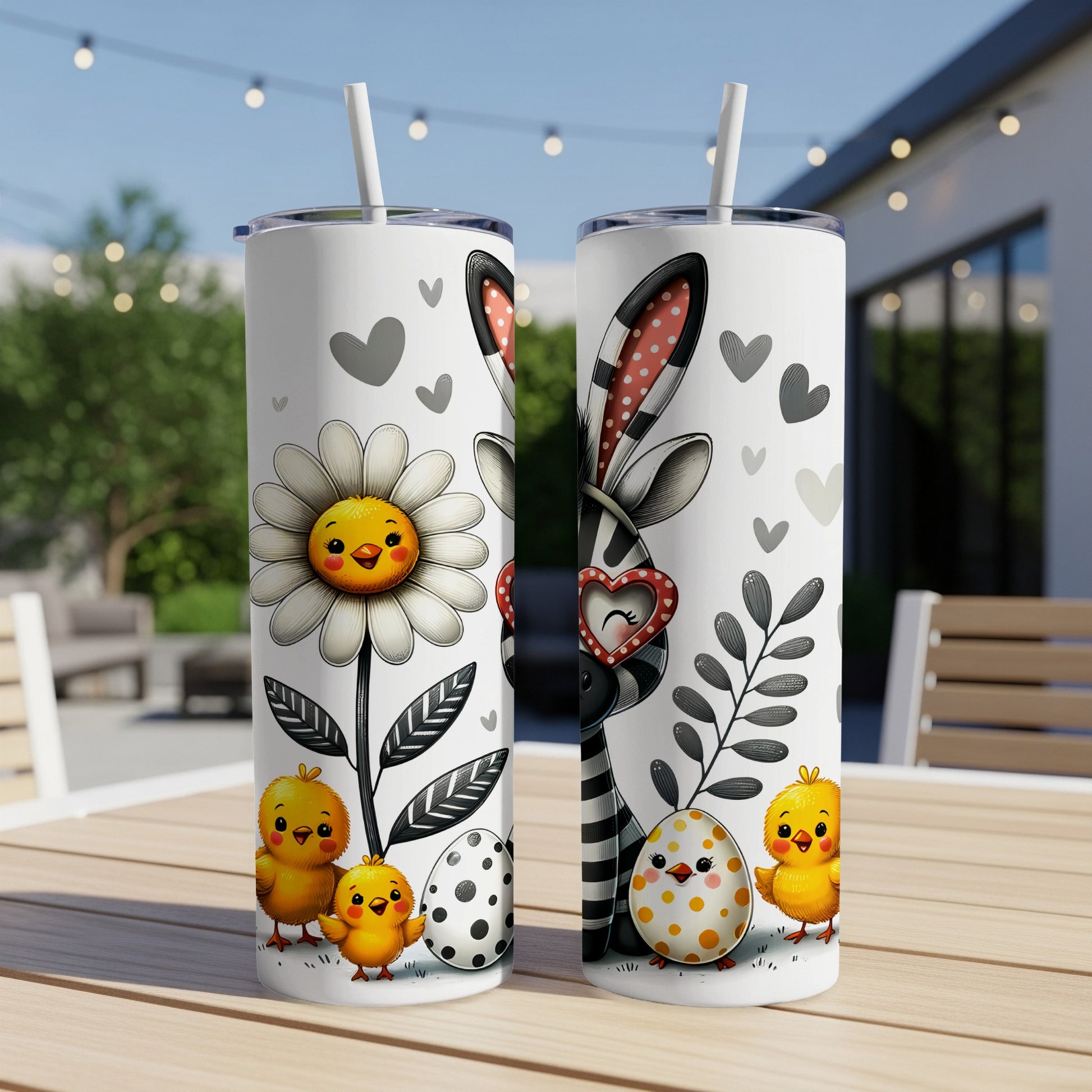 Easter-themed tumblers with a bunny, chicks, and a daisy design.