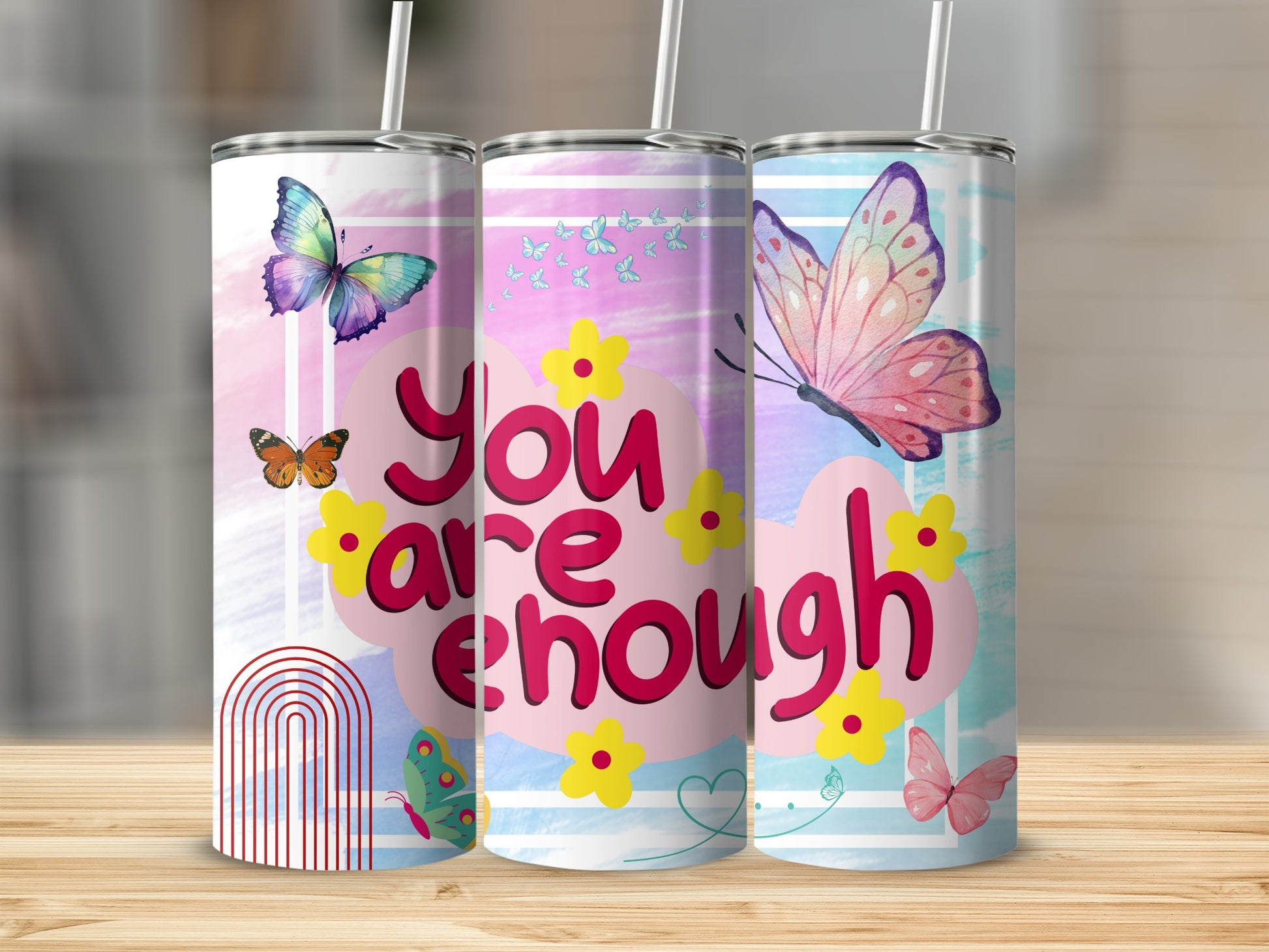 You Are Enough Butterflies and Flowers Tumbler