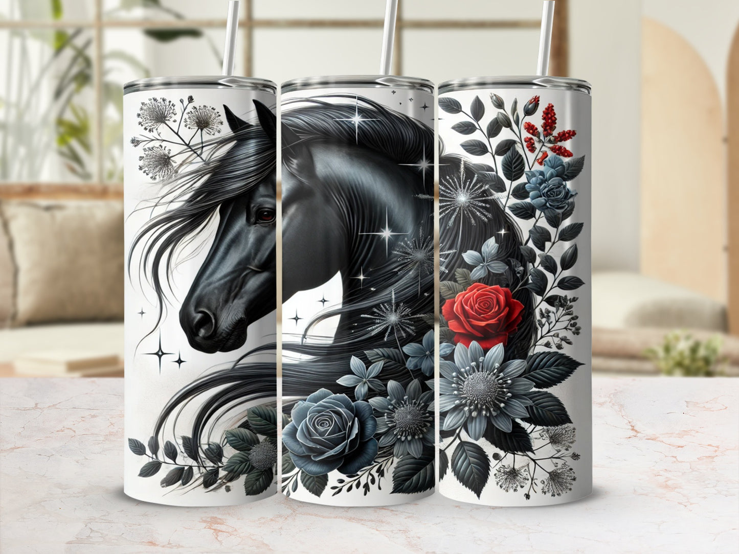 Elegant Horse and Floral Design Reusable Tumbler